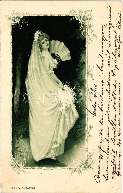 1899 (Vorläufer) Lady. Klein V. Art Nouveau, floral, litho + 'DEBRECZEN - FÜZESABONY 168. SZ.' vasúti mozgóposta bélyegző (EK)