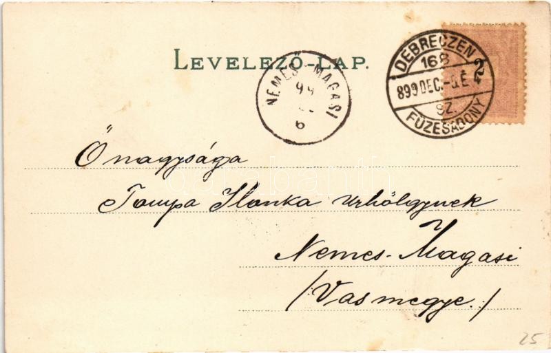 1899 (Vorläufer) Lady. Klein V. Art Nouveau, floral, litho + 'DEBRECZEN - FÜZESABONY 168. SZ.' vasúti mozgóposta bélyegző (EK) - Image 2