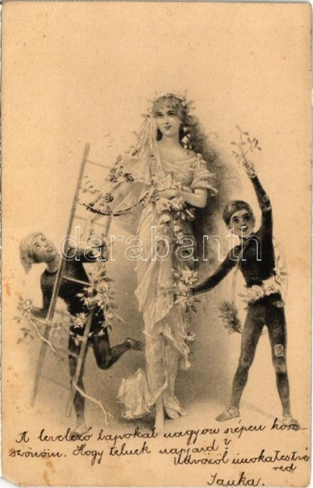 1902 Lady art postcard with chimney sweepers (EM)