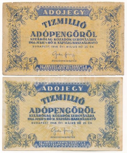 1946. 10.000.000AP (2xklf) az egyik vízjeles papíron, fordított címerrel T:III,III- folt, kis szakadások Adamo P54, P54A