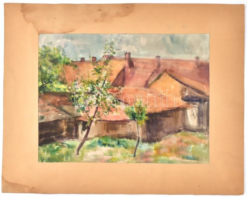 Szilvásy Margit (1898 -1977): Vörös tető házak. Akvarell, papír, jelzett, paszpartuban, 28,5×37,5 cm - Image 2