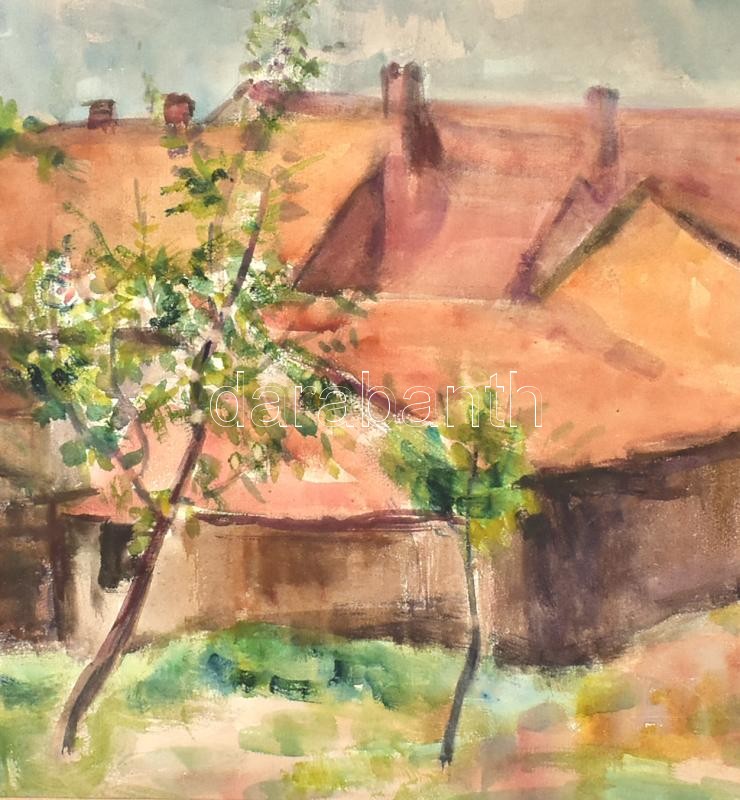 Szilvásy Margit (1898 -1977): Vörös tető házak. Akvarell, papír, jelzett, paszpartuban, 28,5×37,5 cm - Image 3