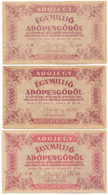 1946. 1.000.000AP (3db/2xklf) vízjeles papíron, közte az egyik hatjegyű sorszámú, hátoldalán fordított címerrel T:III szakadások Adamo P53, P53ah