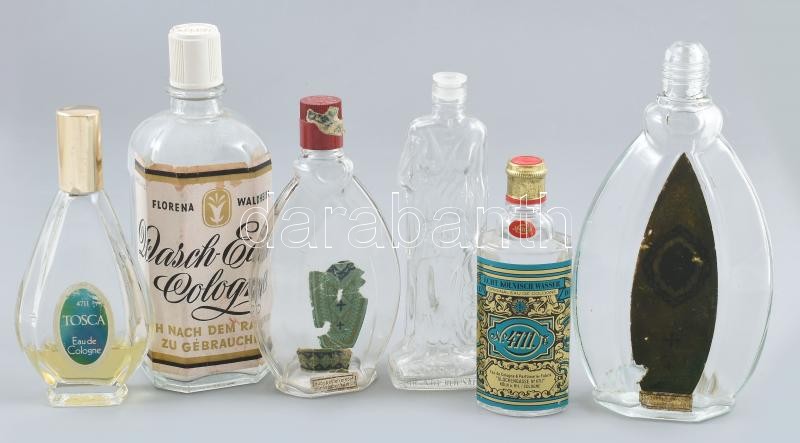 Nagyméretű parfümös üveg, 5db, 4711, Cologne stb., m: 11-16cm