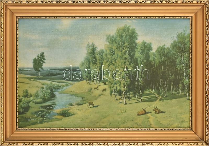 Dekoratív, aranyozott fa keret, benne vászonnyomattal, 60x38,5 cm, külső méret: 72,5x50,5 cm