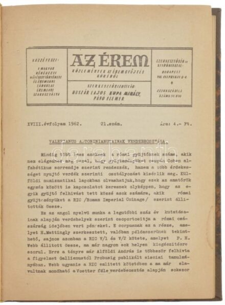 'Az Érem' című folyóirat 1962-1967 közötti lapszámai egybekötve. Használt, de jó állapotban