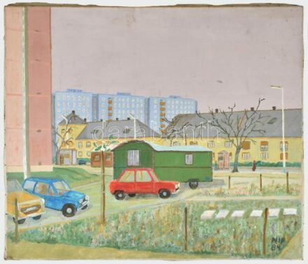 Nolipa István Pál (1907-1986): Pesterzsébet, János téri házak. Olaj, vászon. Jelzett, hátoldalán autográf felirattal. 60x70 cm