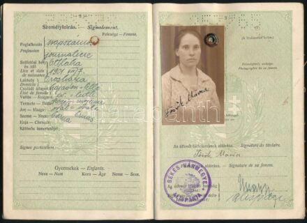 1932 Török Mária Magyar Királysági útlevele lengyel, román bejegyzésekkel