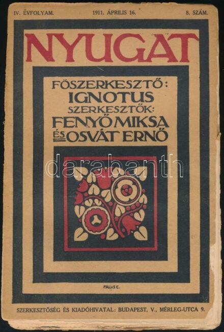 1911 A Nyugat c. folyóirat IV. évf 8.száma. Borító szakadt
