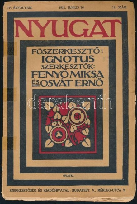 1911 A Nyugat c. folyóirat IV. évf 12.száma. Borító szakadt