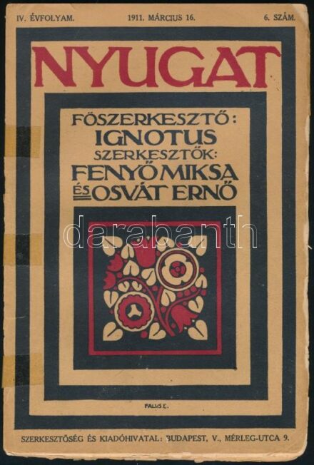 1911 A Nyugat c. folyóirat IV. évf 6.száma. Borító szakadt