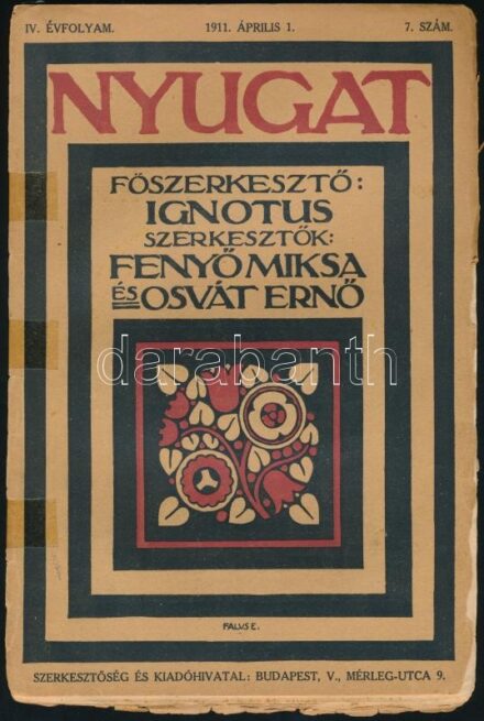 1911 A Nyugat c. folyóirat IV. évf 7.száma. Borító szakadt