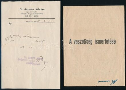 Cca 1920-1940 Orosházai orvosi recept, oltási bizonyítvány, ismertető a veszettségről, és Zalay Lajos gyógyszertára a 'Megváltóhoz' zacskó !tartalommal!