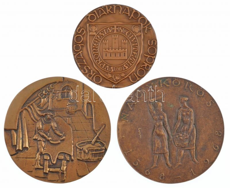 3db klf magyar emlékplakett, közte Szabó Iván (1913-1998) 1968. 'Nagykőrös 1368-1968' kétoldalas bronz plakett (98mm) + ~1970-1980. 'Budapesti Bőripari Vállalat' névre szóló, gravírozott kétoldalas, bronz törzsgárda plakett (97mm) + - Image 2