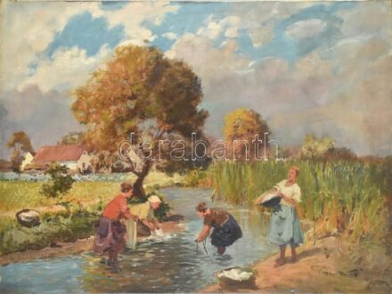 Gyertyáni Németh Gyula (1892-1946): Mosó lányok. Olaj, vászon, jelzett, 81x59,5 cm