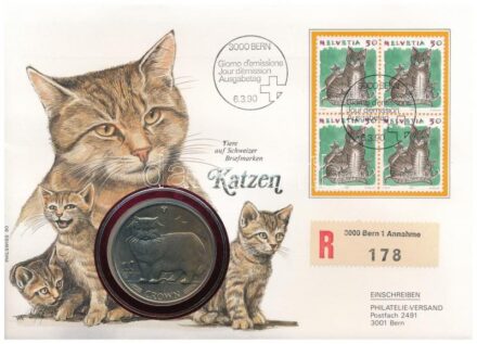 Man-sziget 1989. 1C Cu-Ni 'Perzsamacska' érmés borítékban bélyeggel, bélyegzéssel, német nyelvű tájékoztatóval T:1 Isle of Man 1989. 1 Crown Cu-Ni 'Persian cat' in coin envelope with stamps and cancellations, with german language