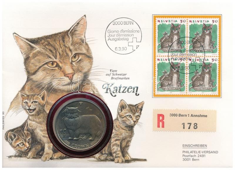 Man-sziget 1989. 1C Cu-Ni 'Perzsamacska' érmés borítékban bélyeggel, bélyegzéssel, német nyelvű tájékoztatóval T:1 Isle of Man 1989. 1 Crown Cu-Ni 'Persian cat' in coin envelope with stamps and cancellations, with german language