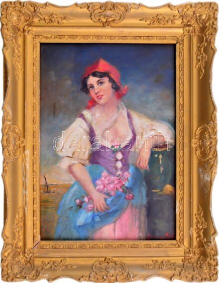 Marocsay (?) Jenő jelzéssel: Lány virágokkal. Olaj, karton. Üvegezett, dekoratív, kissé sérült fakeretben, 35×24 cm
