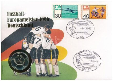 Nagy-Britannia 1996. 2P 'Labdarúgó Európa Bajnokság 1996' érme, érmés borítékban, bélyeggel, bélyegzéssel, német nyelvű leírással T:1 Great Britain 1996. 2 Pounds 'Football European Championship 1996' coin in envelope with stamp