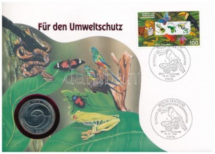 Német Szövetségi Köztársaság 1982F 5M Cu-Ni 'ENSZ klímaügyi konferencia 10. évfordulója', 'Környezetvédelemért' érmés borítékban, első napi bélyeggel, bélyegzéssel, német nyelvű leírással T:1- FRG 1982F 5 Mark Cu-Ni '10th