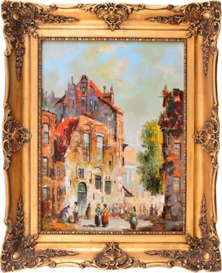 Vojnits Richárd (1942-): Vásár. Olaj, farost, jelzett. Dekoratív fakeretben, 40×30 cm
