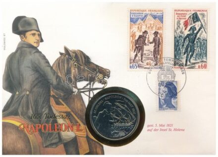 Szent Ilona 1986. 50p Cu-Ni 'Napoleon halálának 165. évfordulója' érmés, francia bélyeggel felbélyegzett borítékban, alkalmi bélyegzéssel, német nyelvű leírással T:1 St. Helena 1986. 50 Pence Cu-Ni '165th anniversary of Napoleon's