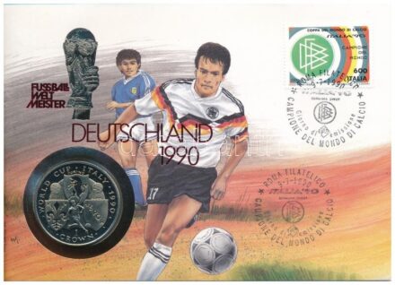 Man-sziget 1990. 1C Cu-Ni 'Olaszország - Labdarúgó Világkupa' érmés borítékban, alkalmi bélyegzéssel, német nyelvű leírással T:1 Isle of Man 1990. 1 Crown Cu-Ni 'World Cup - Italy' in envelope with stamp and cancellation, with