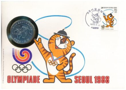 Dél-Korea 1982. 1000W Cu-Ni 'Szöuli Olimpiai Játékok 1988' bélyeges borítékban, bélyeggel és bélyegzéssel, német nyelvű leírással T:1 South Korea 1982. 1000 Won Cu-Ni 'Olympic Games 1988 in Seoul' in coin envelope with stamps and