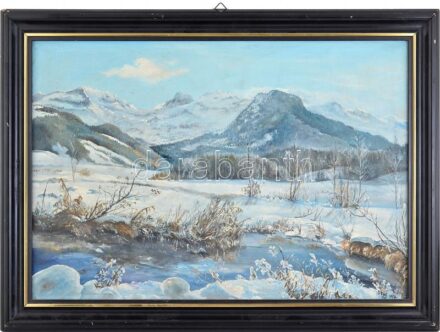 Deák jelzéssel: Téli havas táj. Olaj, vászon, falemezen. Dekoratív, sarkaiban kissé sérült fakeretben. 48x69 cm