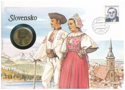 Szlovákia 1993. 10K Cu-Al-Ni felbélyegzett borítékban, bélyegzéssel, német nyelvű leírással T:1 Slovakia 1993. 10 Korun Cu-Al-Ni in envelope with stamp, cancellation and a prospectus in german C:UNC