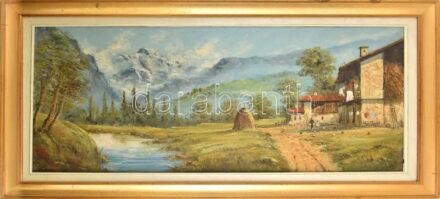 Lorenzi jelzéssel: Hegyvidéki táj. Olaj, vászon. Dekoratív fakeretben. 60x120 cm KIZÁRÓLAG SZEMÉLYES ÁTVÉTEL, NEM POSTÁZZUK! / ONLY PERSONAL COLLECTION AT OUR OFFICE.