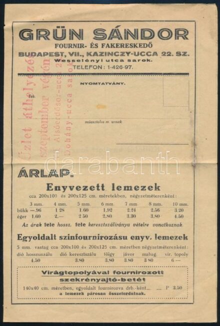 cca 1930 Grün Sándor fakereskedő reklám és árlapja