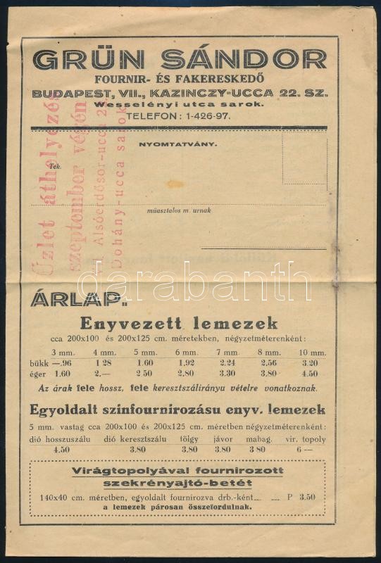 cca 1930 Grün Sándor fakereskedő reklám és árlapja