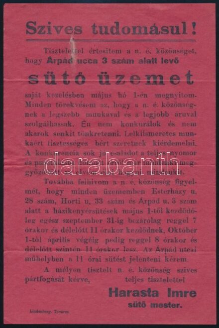cca 1930 Harasta Imre Tata Sütő üzem reklám nyomtatvány