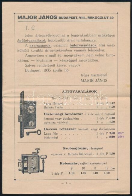cca 1930 Major János épületvasalatok árjegyzéke 8 p.
