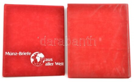 'Münz Briefe aus aller Welt' piros, plüssborítású, négygyűrűs album, 30db kettes osztású berakólappal, plüssborítású tokban, szép állapotban