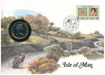 Man-sziget 1984. 10p Cu-Ni felbélyegzett borítékban, bélyegzéssel, német nyelvű leírással T:1 Isle of Man 1984. 10 Pence Cu-Ni in envelope with stamp and cancellation, with german language information sheet C:UNC