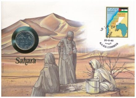 Szaharai Arab Demokratikus Köztársaság 1990. 50p Cu-Ni felbélyegzett borítékban, bélyegzéssel, német nyelvű leírással T:1 Sharawi Arab Democratic Republic 1990. 50 Pesetas Cu-Ni in envelope with stamp and cancellation, with German