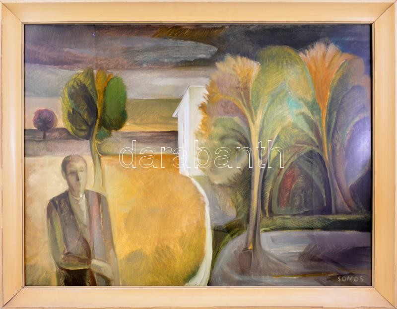 Somos Miklós (1933-2009): Alak tájban. Olaj, vászon, jelzett. Hátoldalán Képcsarnok Vállalat kissé töredékes címkéivel. Üvegezett, kissé sérült keretben. 60×80 cm