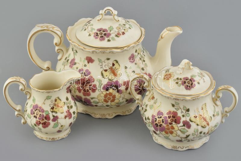 Zsolnay pillangó mintás teáskanna, cukordoboz és tejkiöntő. Kézzel festett, jelzett, hibátlan.