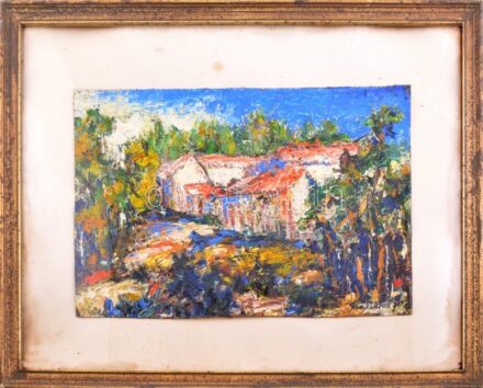 Gaál Lajos: Színes táj. Olaj, karton, kartonra kasírozva. Üvegezett fakeretben, üveg repedt. 39x60 cm