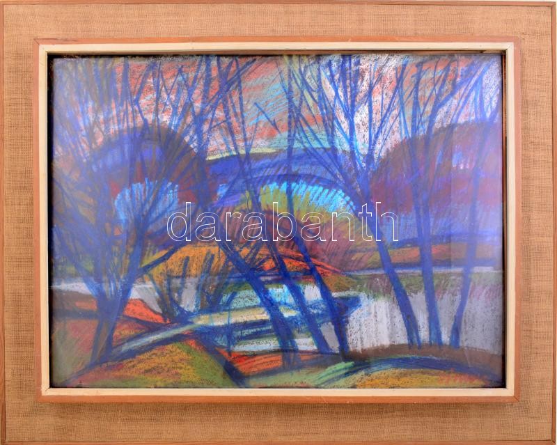 Simon Miklós (1937-): Tiszapart. Olajpasztell, papír. Jelezve jobbra lent. Hátoldalán címkén feliratozott. Üvegezett fakeretben. 50x70 cm