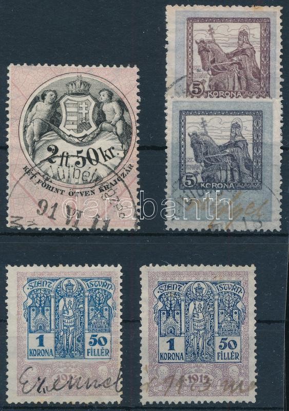 1880-1920 5 db okmánybélyeg érdekességekkel: 1Ft érték forgalmi időn túl (ápr. 1.) felhasználva (jún. 11.), 5K ritka barna színben, 1,50K a kép feletti gyöngysor nélkül ritka