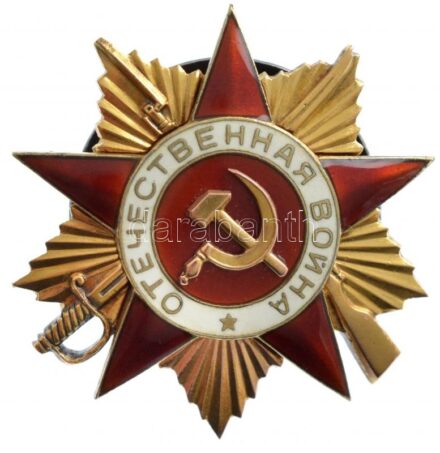 Szovjetunió ~1985. 'Honvédő Háború Érdemrend I. osztálya' aranyozott, zománcozott kitüntetés, hátlapján '59206' sorszámmal és 'Monetnij Dvor' gyártói jelzéssel (46mm) T:2 Soviet Union ~1985. 'Order of the Patriotic War 1st class'