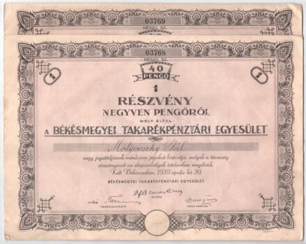 Békéscsaba 1939. 'Békásmegyeri Takarékpénztári Egyesület' névre szóló részvénye 40P-ről (2x) sorszámkövetők, szelvényekkel, szárazpecséttel T:III Hungary / Békéscsaba 1939. 'Békásmegyeri Takarékpénztári Egyesület' share