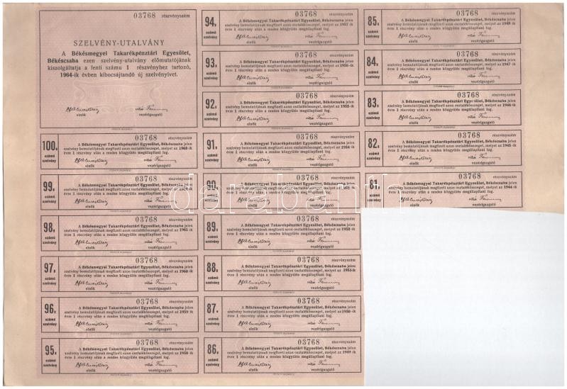 Békéscsaba 1939. 'Békásmegyeri Takarékpénztári Egyesület' névre szóló részvénye 40P-ről (2x) sorszámkövetők, szelvényekkel, szárazpecséttel T:III Hungary / Békéscsaba 1939. 'Békásmegyeri Takarékpénztári Egyesület' share - Image 3