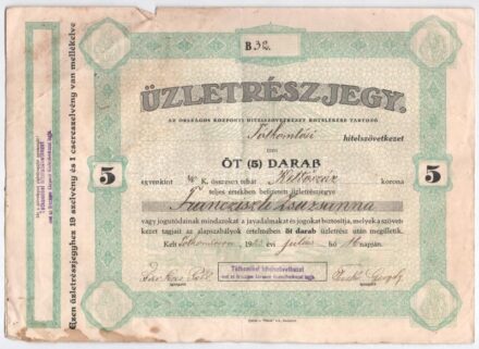 Tótkomlós 1923. 'Tótkomlósi hitelszövetkezet' névre szóló üzletrészjegye, öt üzletrészjegy egyben, összesen 200K-ról, szelvényekkel T:III