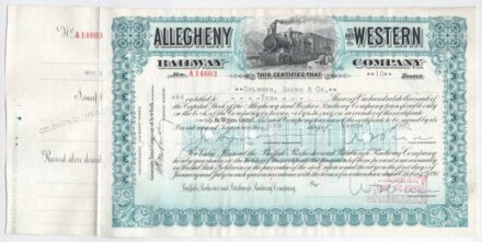 Amerikai Egyesült Államok 1960. 'Allegheny and Western Railway Company' névre szóló, tíz részvénye egyben, lyukasztással érvénytelenítve T:III szép papír USA 1960. 'Allegheny and Western Railway Company' share with shareholder's