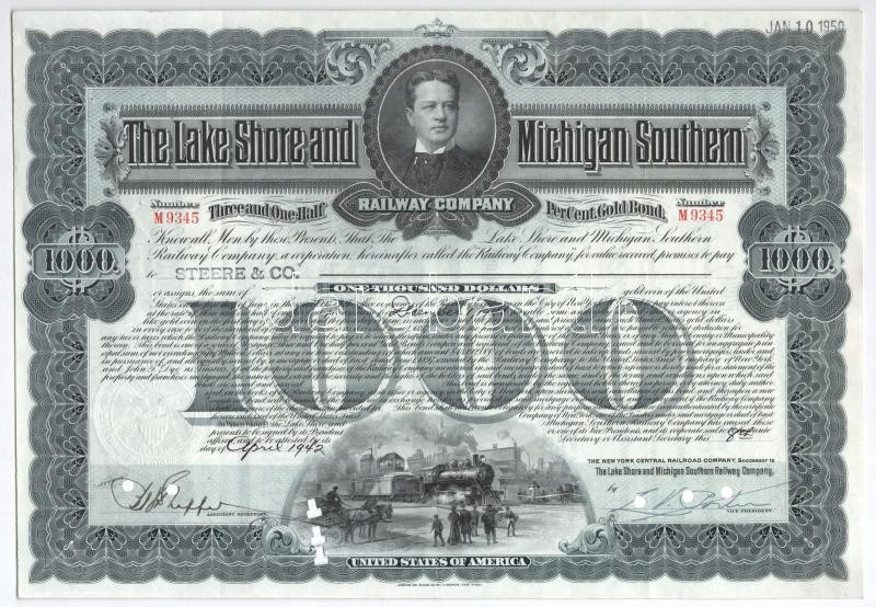 Amerikai Egyesült Államok 1942. 'The Lake Shore and Michigan Southern Railway Company' névre szóló 3 1/2%-os kamatozású kölcsön kötvénye 1000$-ról, lyukasztással érvénytelenítve T:III USA 1942.'The Lake Shore and Michigan Southern