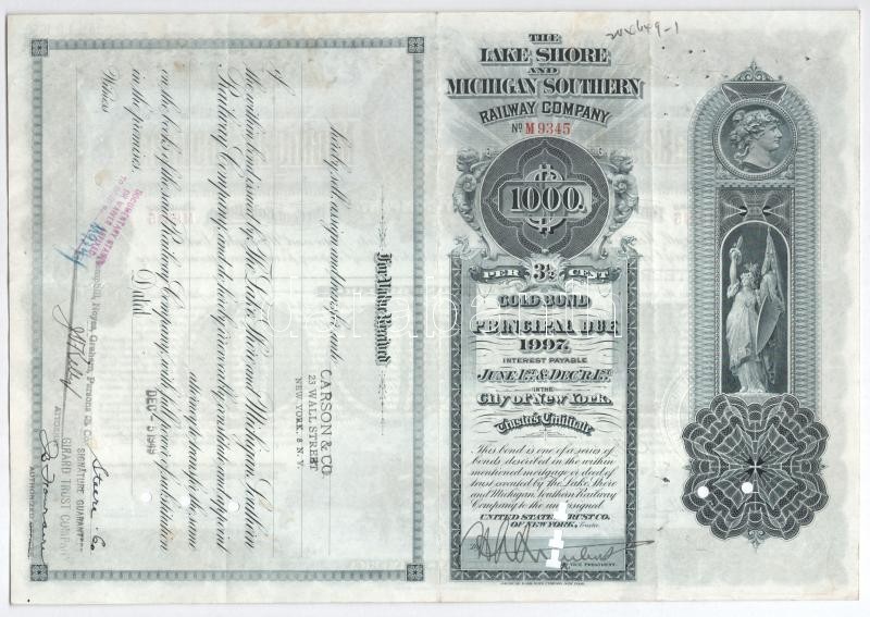 Amerikai Egyesült Államok 1942. 'The Lake Shore and Michigan Southern Railway Company' névre szóló 3 1/2%-os kamatozású kölcsön kötvénye 1000$-ról, lyukasztással érvénytelenítve T:III USA 1942.'The Lake Shore and Michigan Southern - Image 2